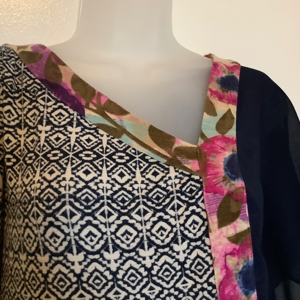 Vanessa Virginia Anthropologie Mixed Print Blouse Floral Ikat Asymmetric Navy S - Picture 3 of 15
